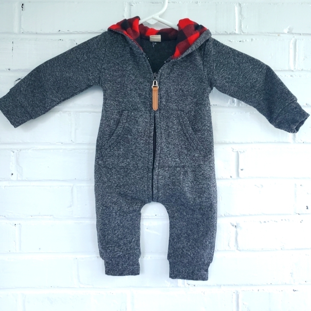 Infant Hooded Onesie. Grey with red Buffalo plaid. Size 70